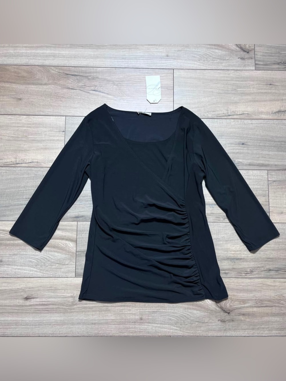 Prospect Blvd Womens Faux Wrap 3/4 Sleeve Top Size Large Black Made In USA